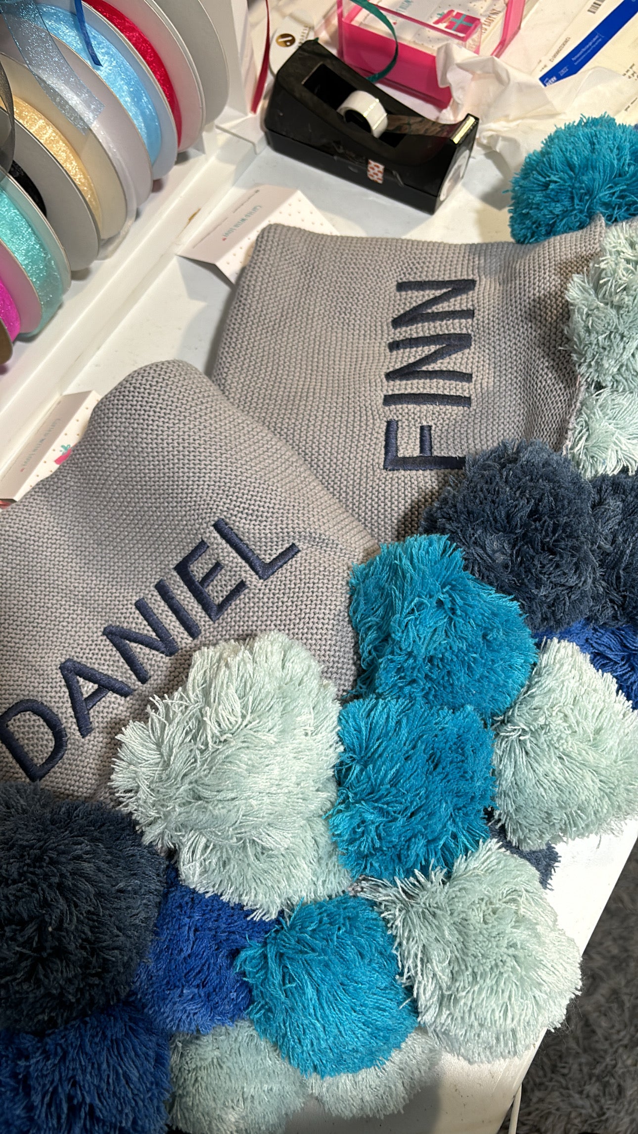 Blue Ombre Pompom Blanket