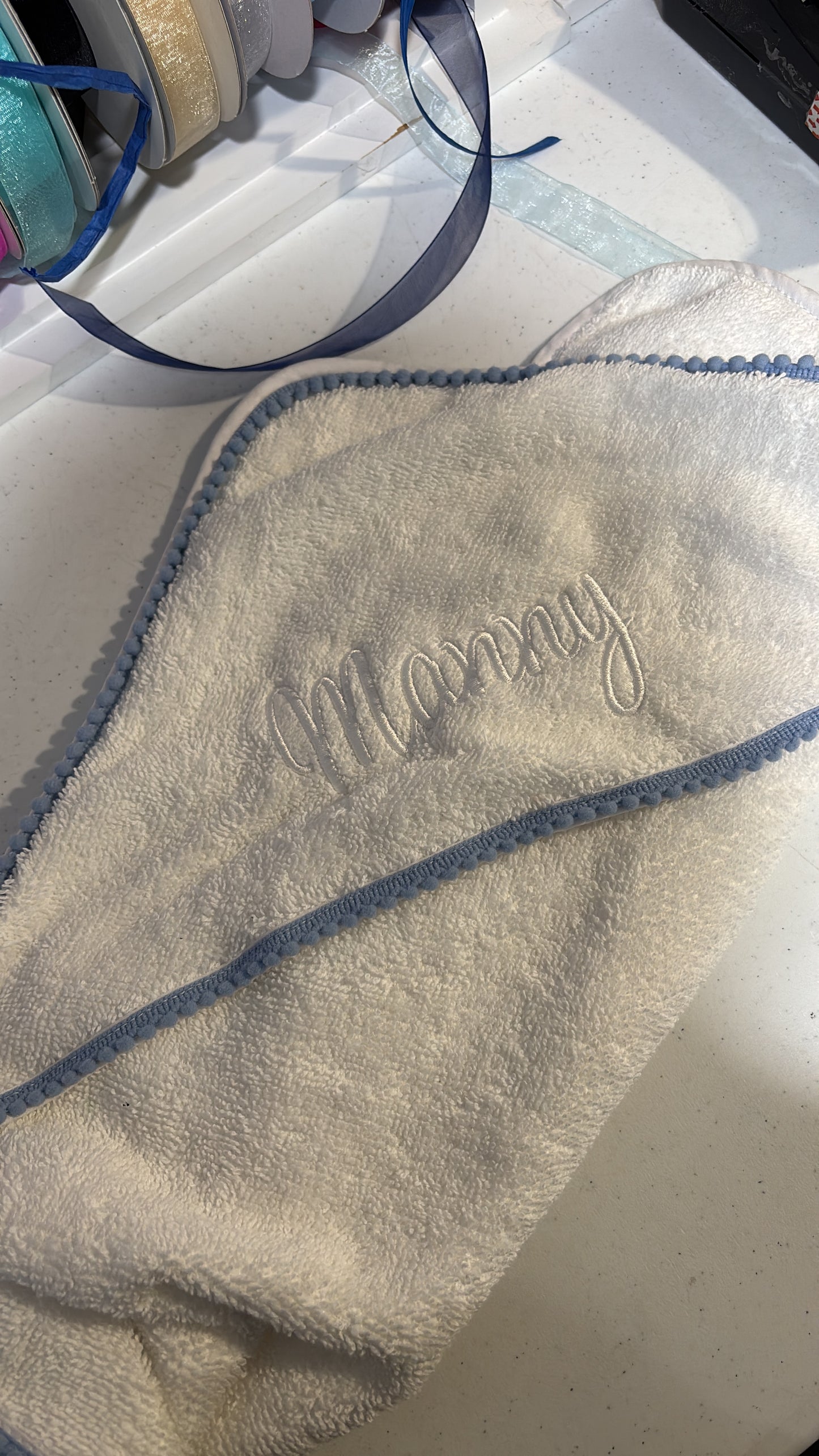 Blue Pompom Trim Towel (with embroidery)