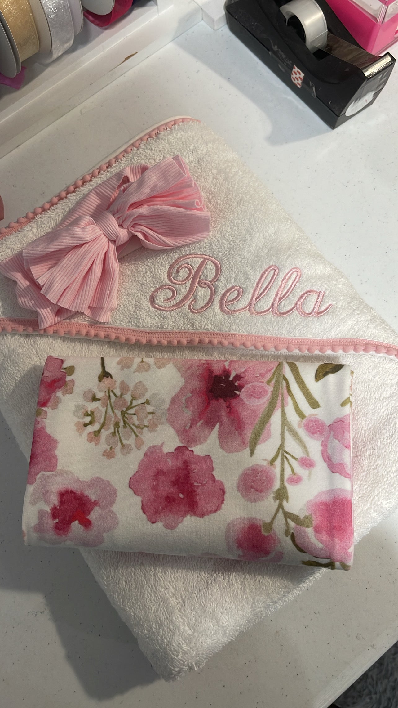 Pink Pompom Trim Towel (with embroidery)