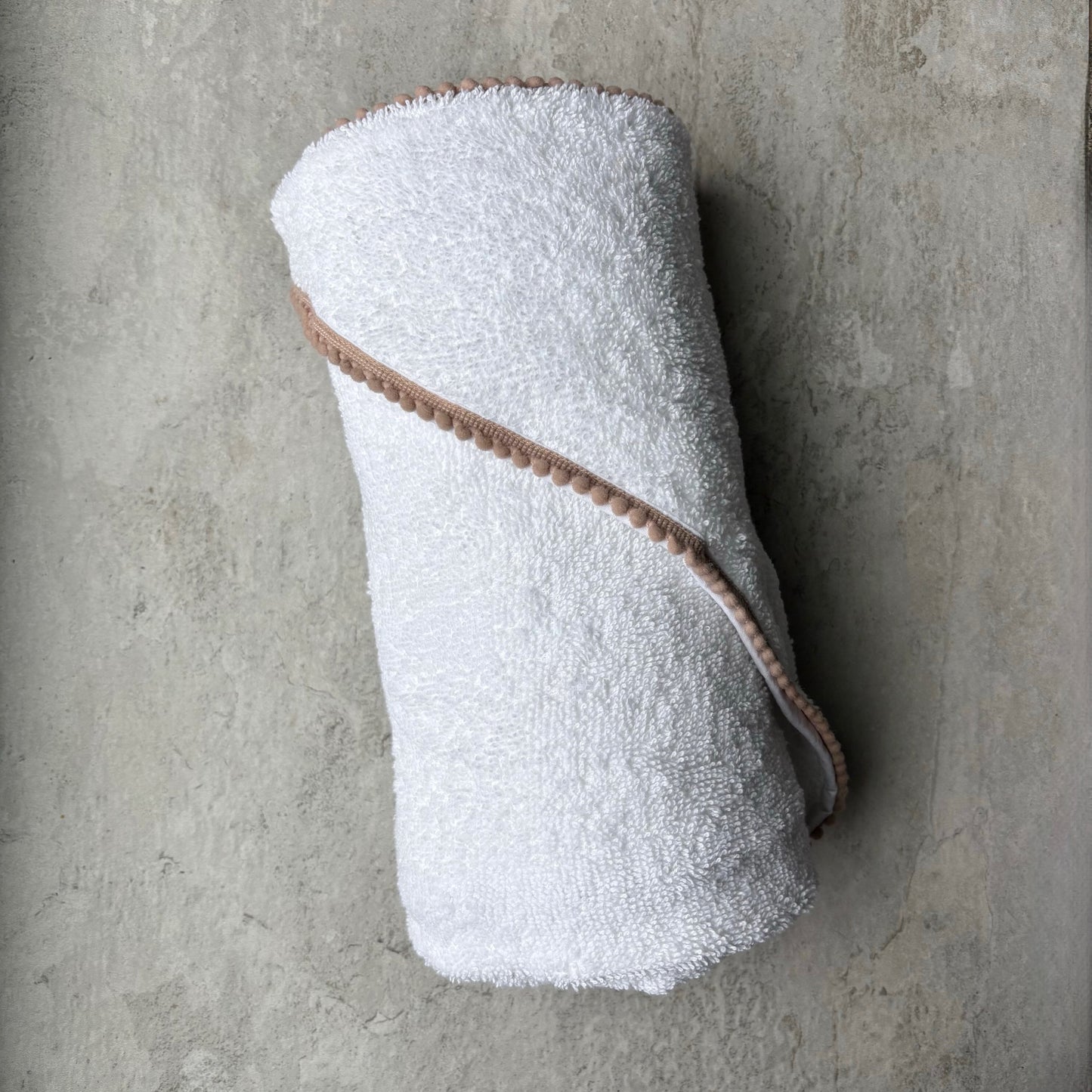 Taupe Pompom Trim Towel (with embroidery)