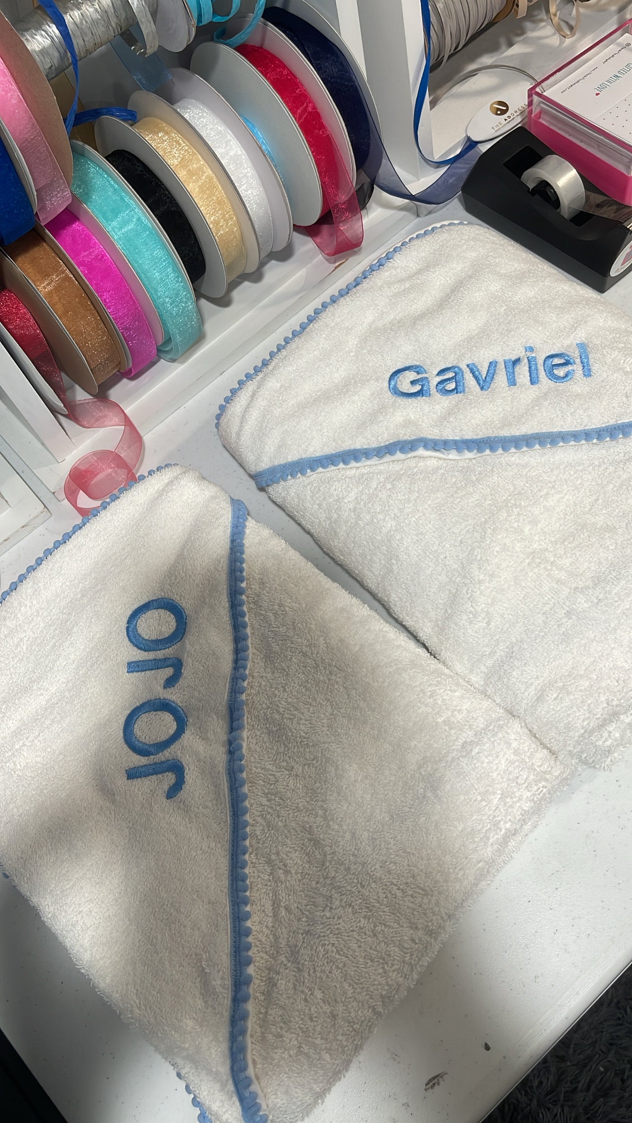 Blue Pompom Trim Towel (with embroidery)