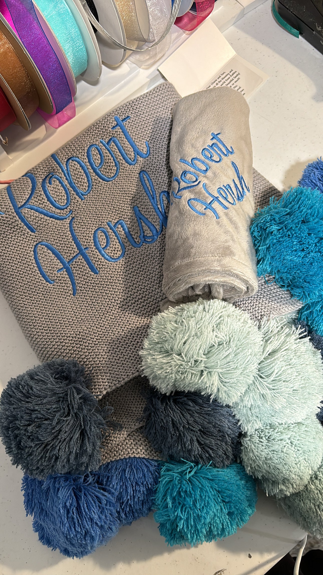 Blue Ombre Pompom Blanket