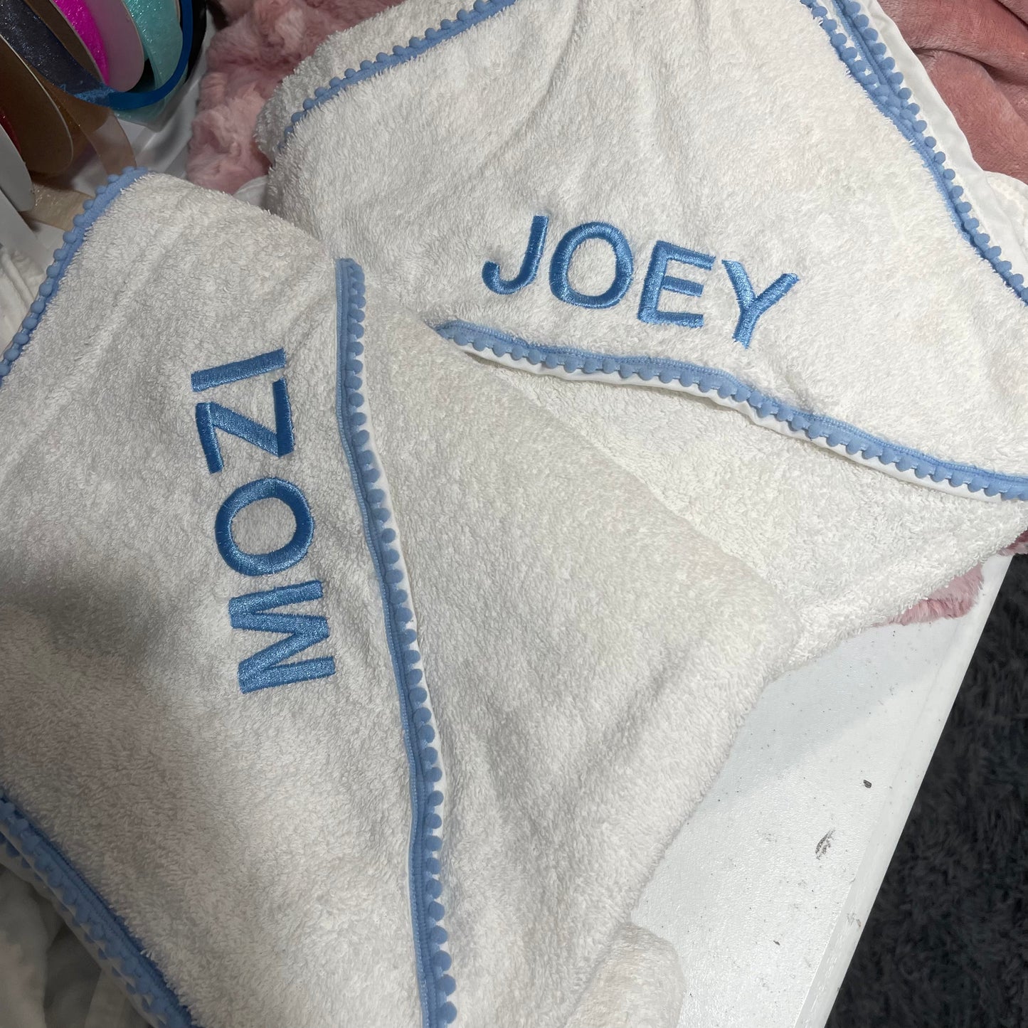 Blue Pompom Trim Towel (with embroidery)