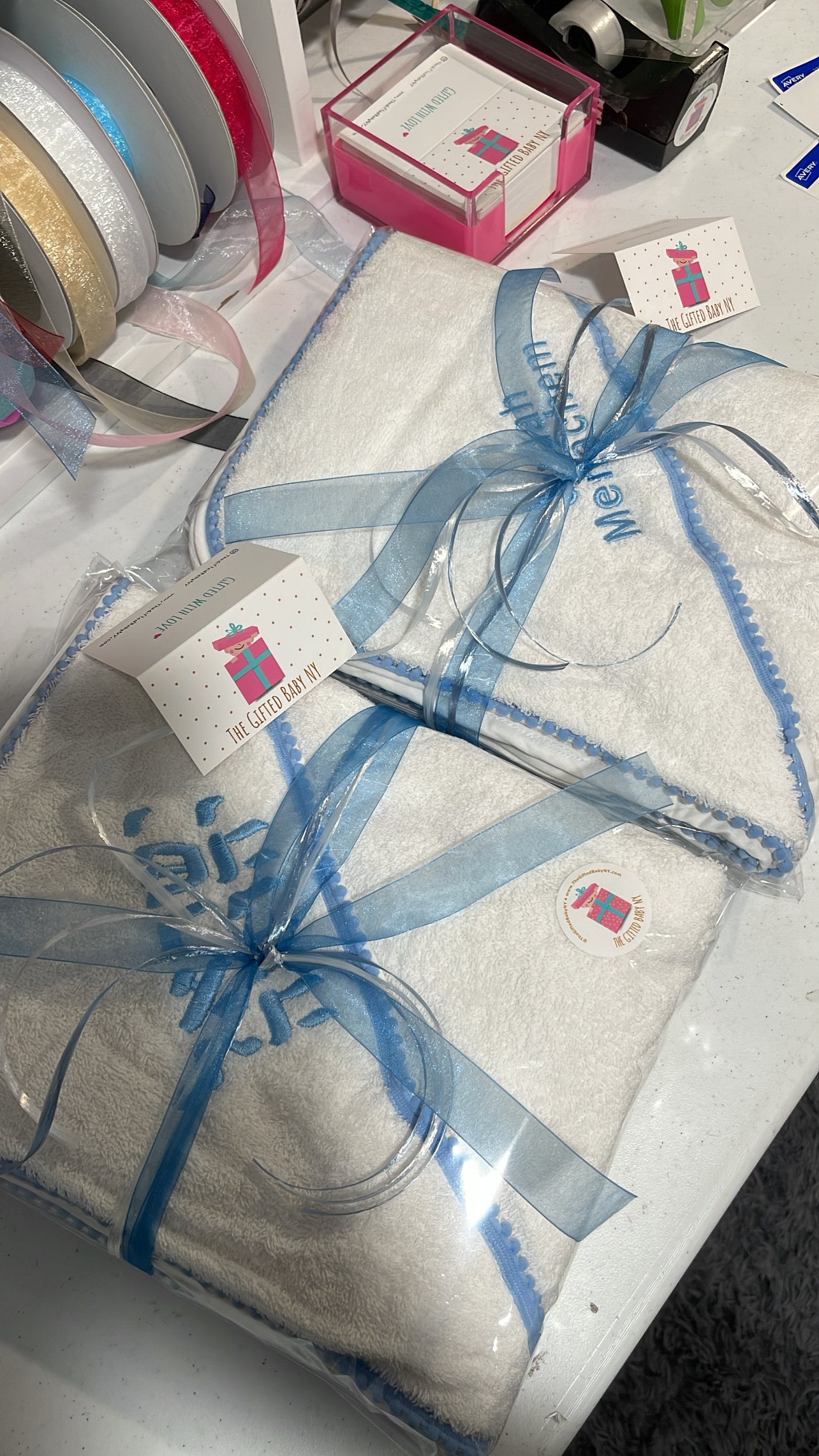 Blue Pompom Trim Towel (with embroidery)