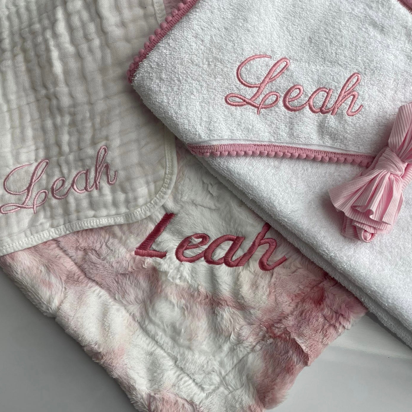 Pink Pompom Trim Towel (with embroidery)