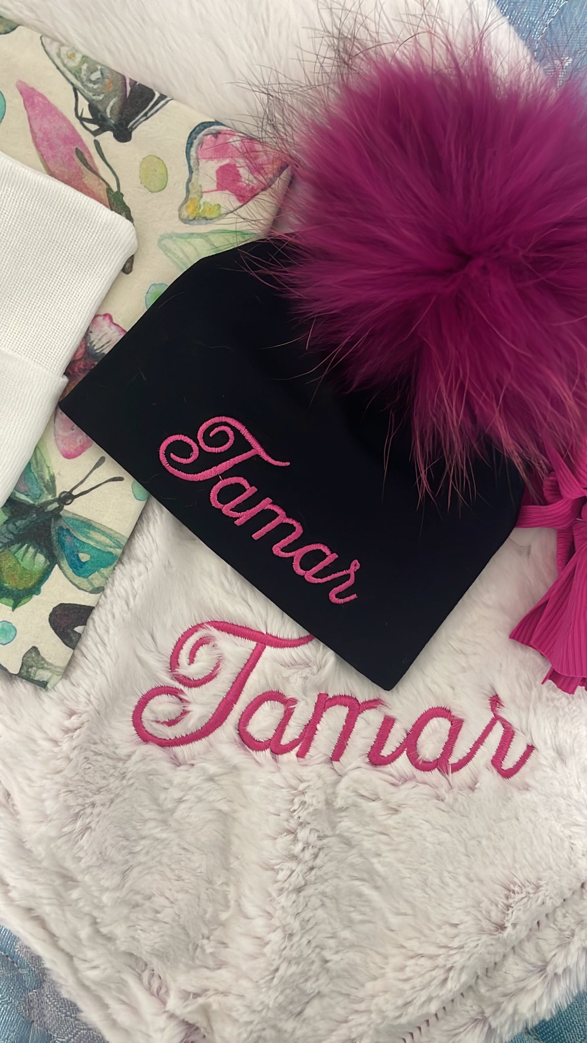 Embroidered Pompom Hats