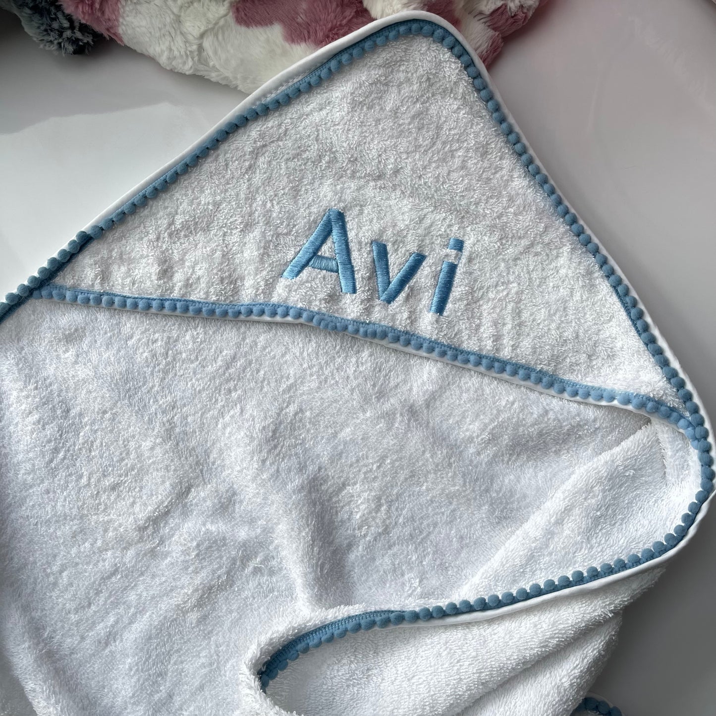 Blue Pompom Trim Towel (with embroidery)