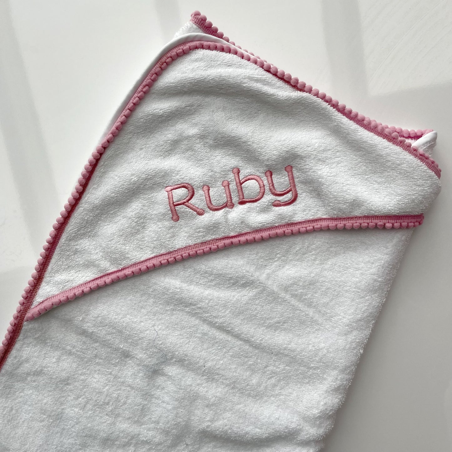 Pink Pompom Trim Towel (with embroidery)