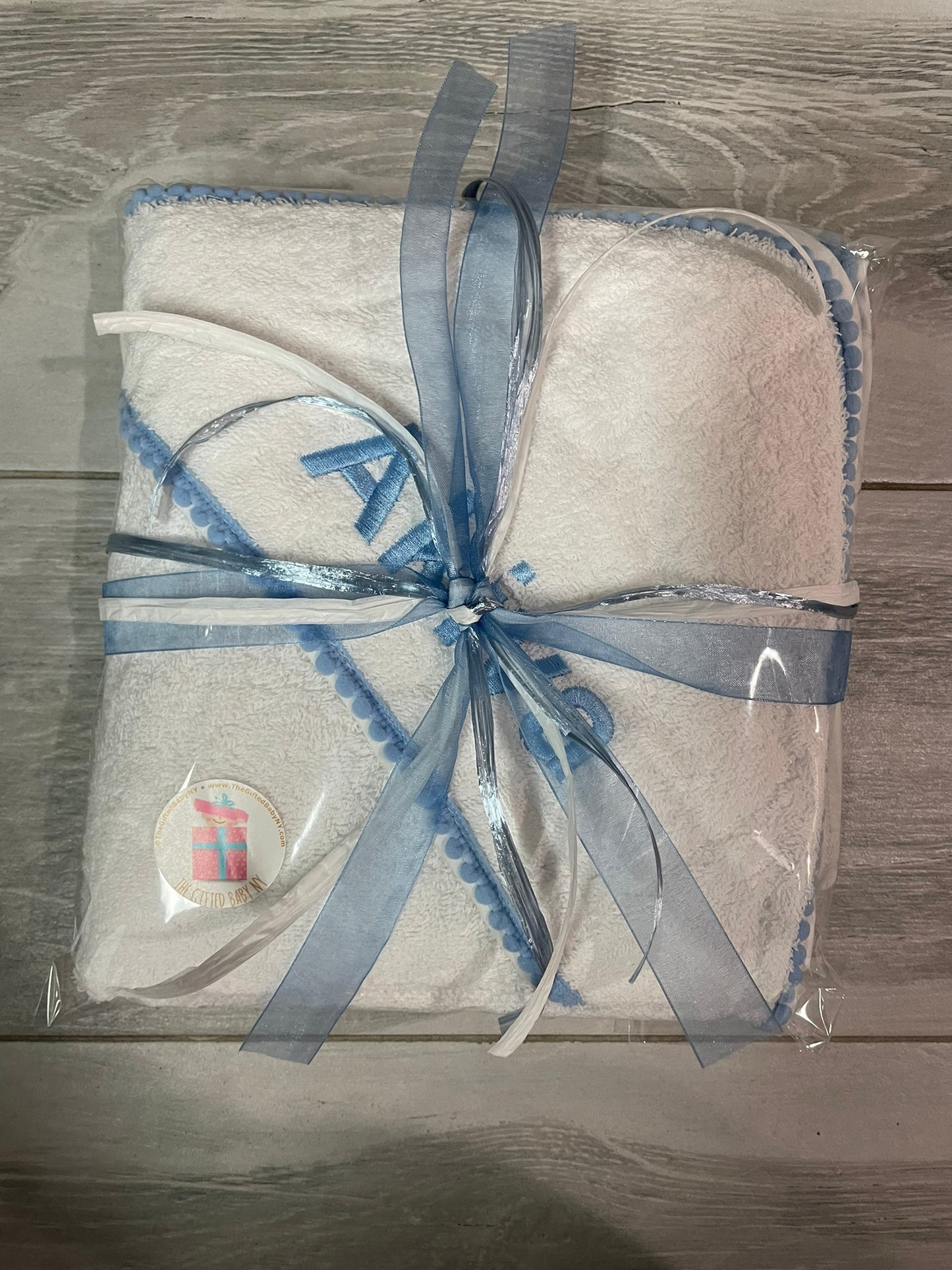 Blue Pompom Trim Towel (with embroidery)