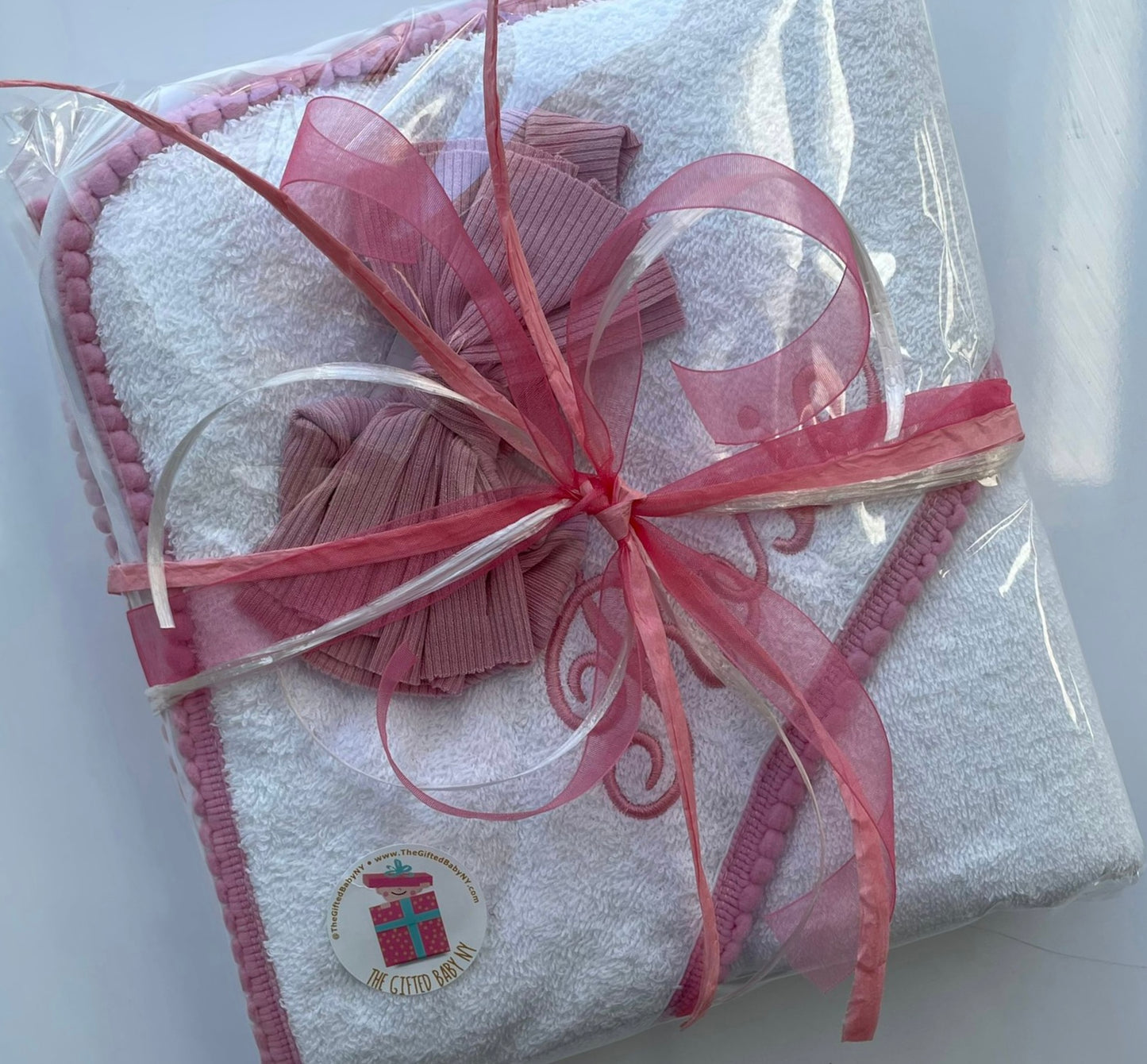 Pink Pompom Trim Towel (with embroidery)