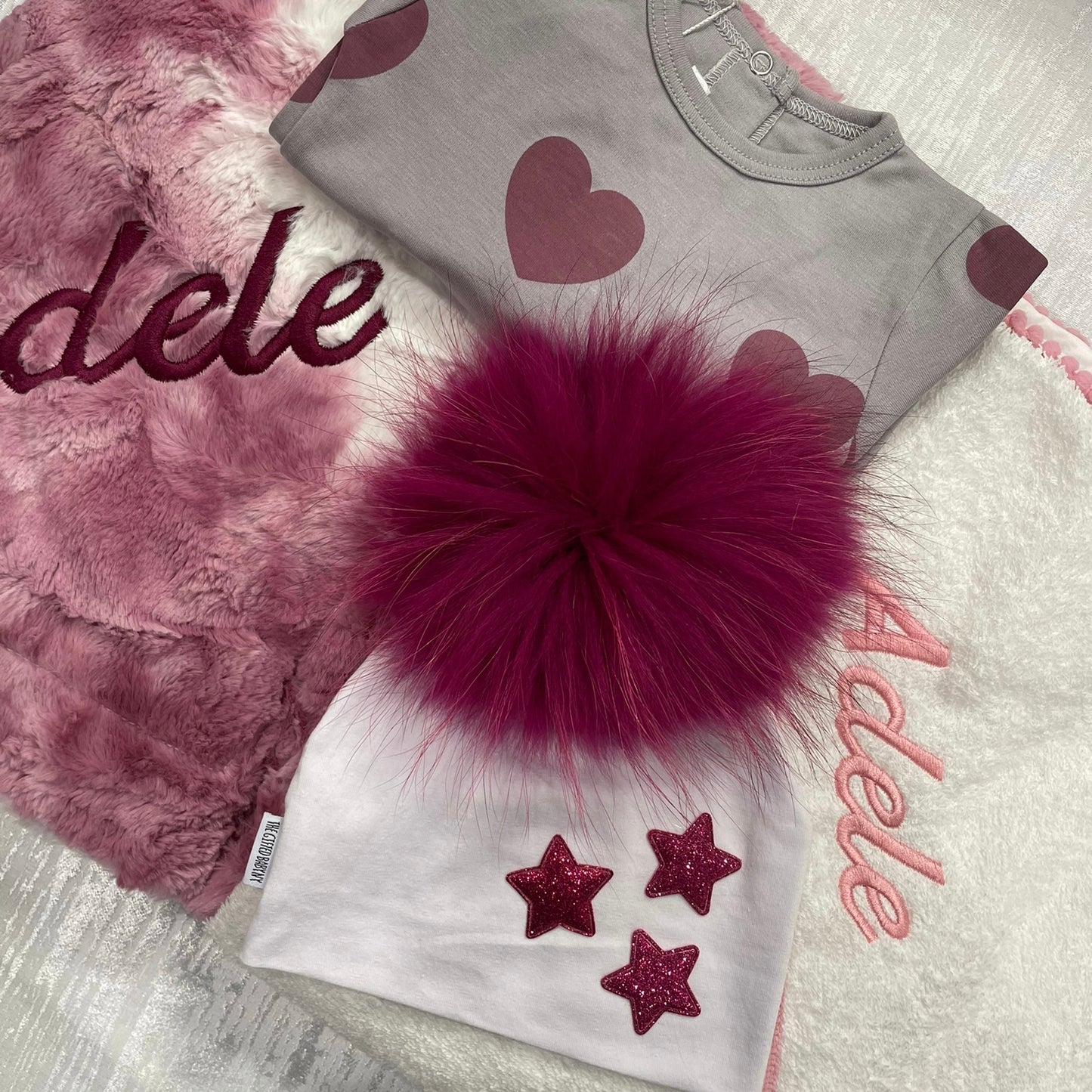 Pink Pompom Trim Towel (with embroidery)