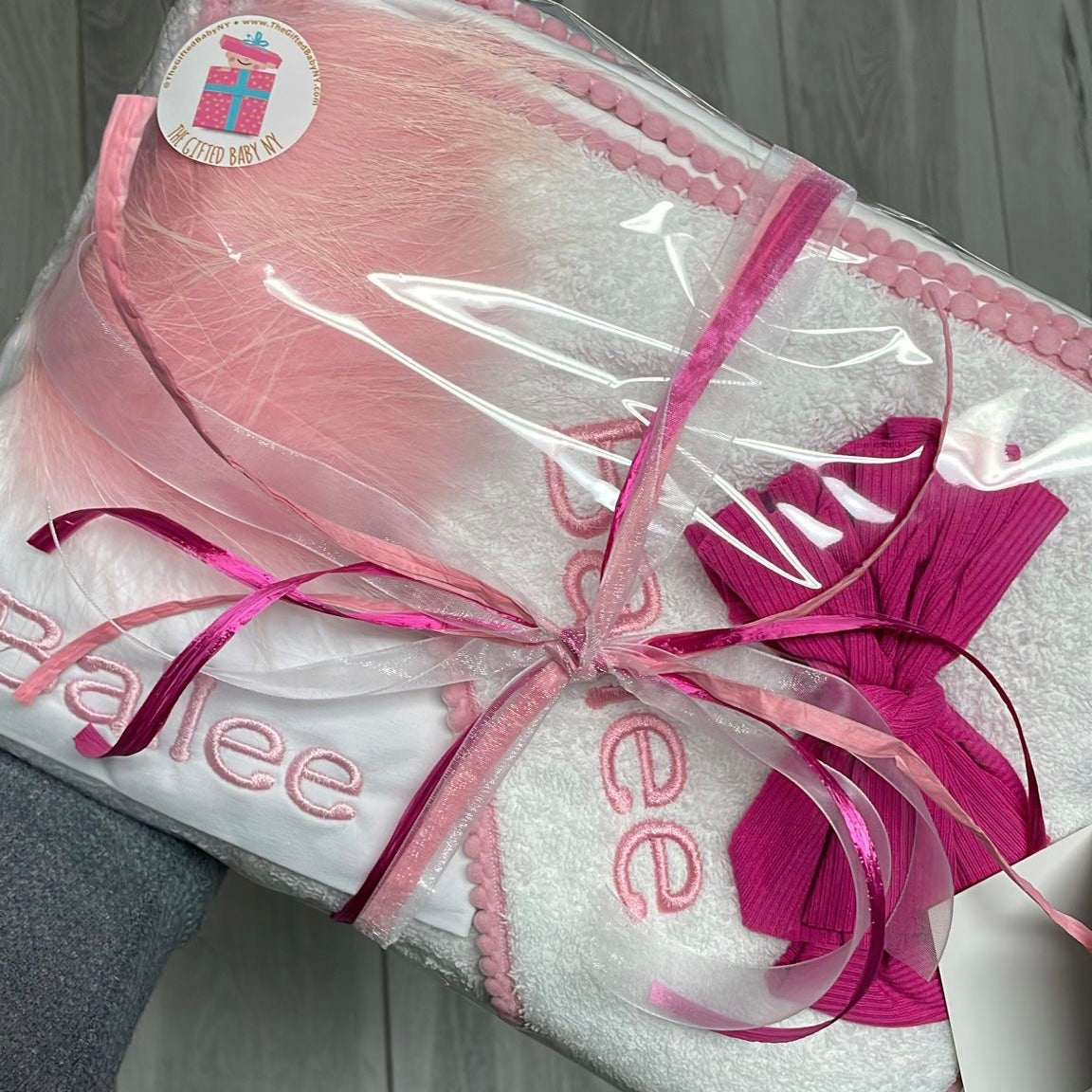 Pink Pompom Trim Towel (with embroidery)