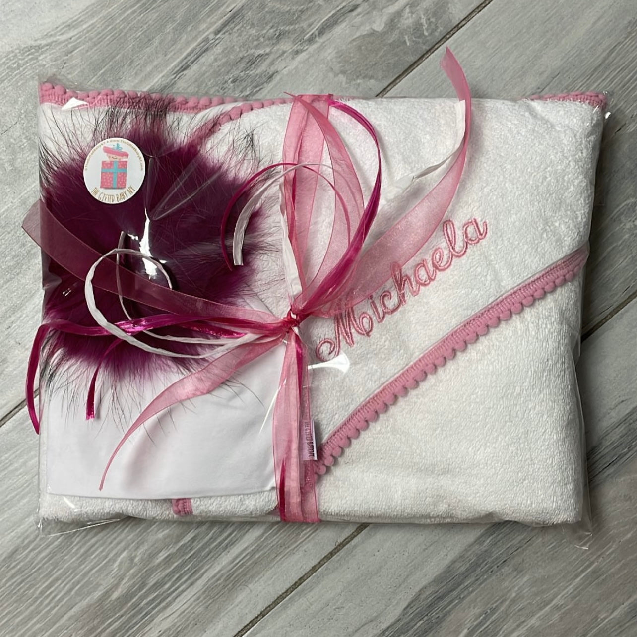 Pink Pompom Trim Towel (with embroidery)