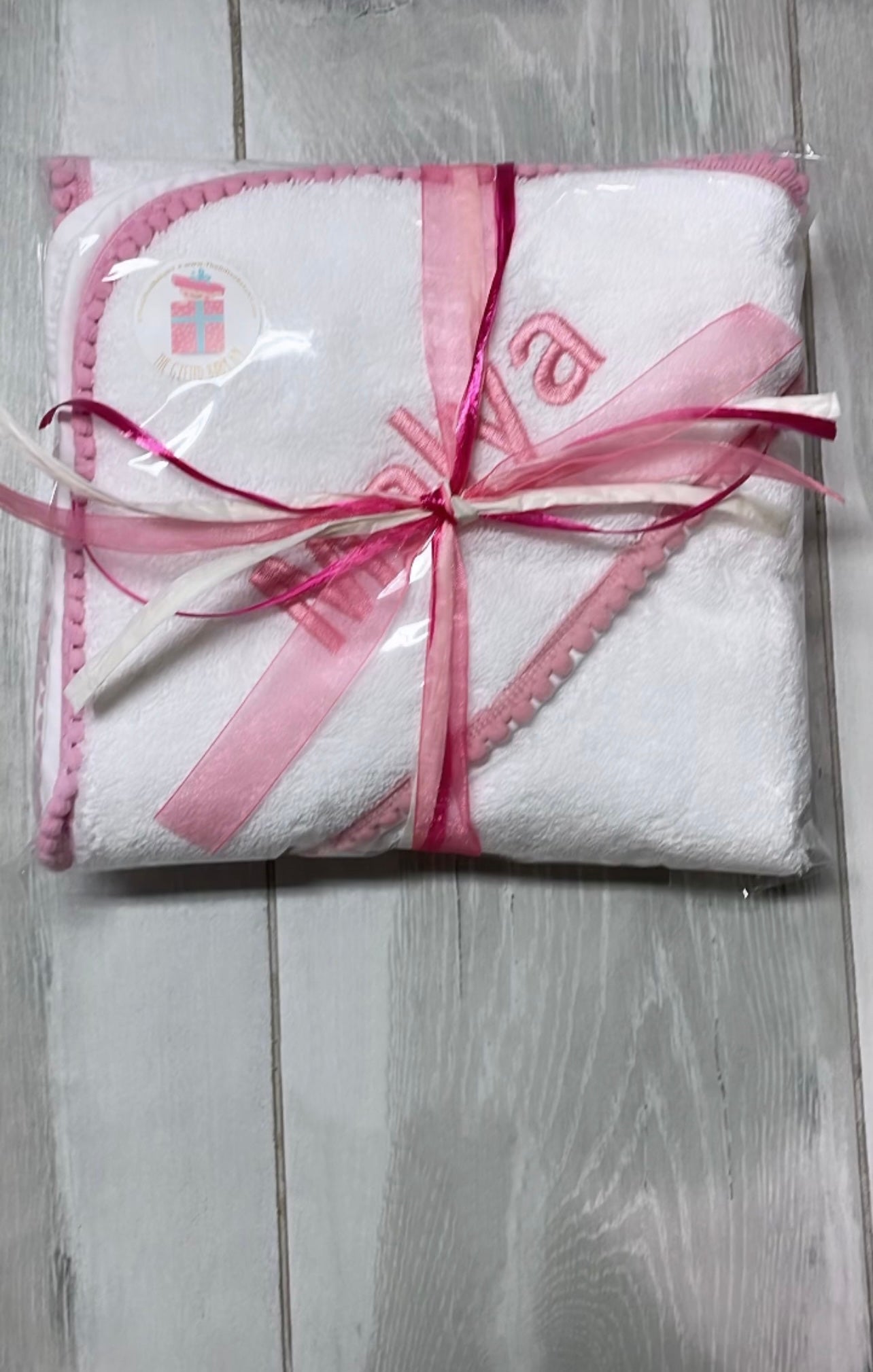 Pink Pompom Trim Towel (with embroidery)
