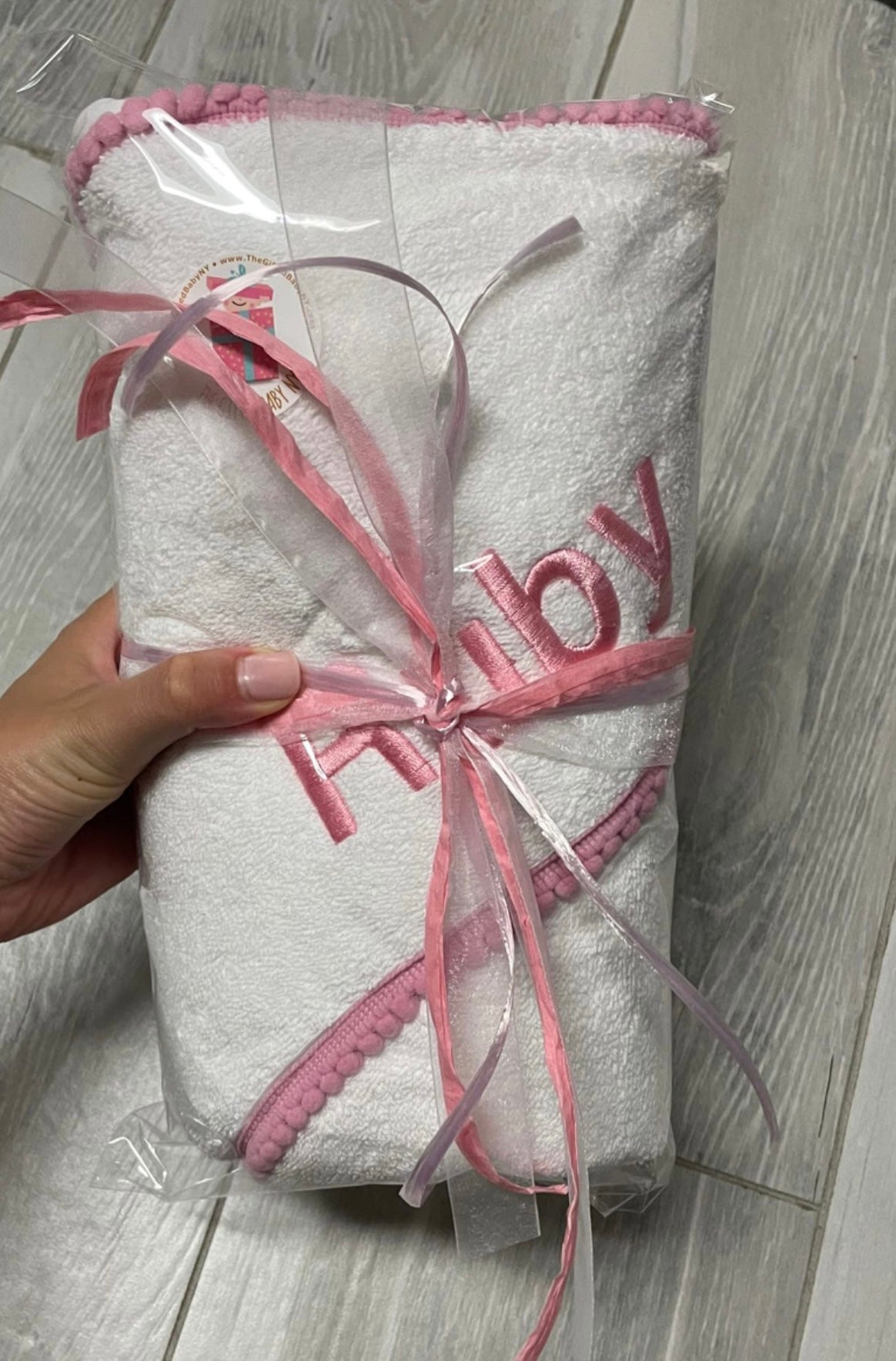 Pink Pompom Trim Towel (with embroidery)