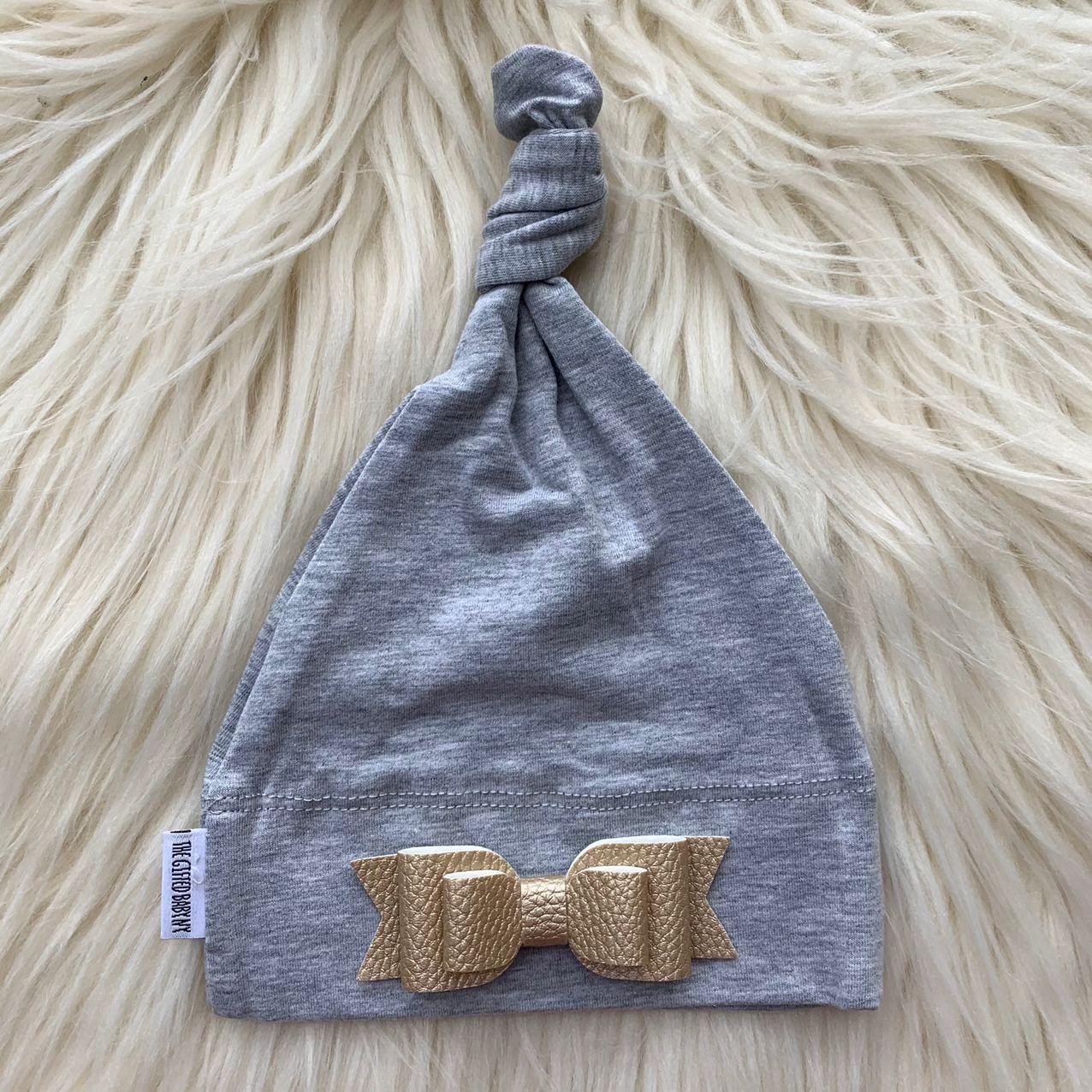 Heather Hat Gold Leather Bow - The Gifted Baby NY