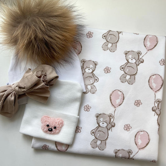 Pink Balloon Teddys Printed Swaddle