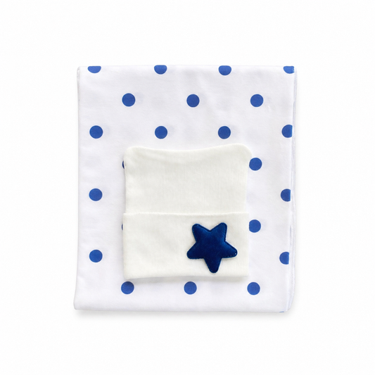 Blue Dots Swaddle & Hospital Hat Gift Set