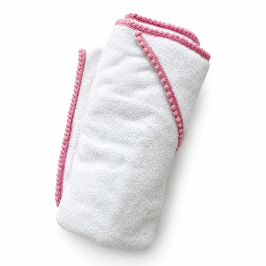 Pink Pompom Trim Towel (with embroidery)