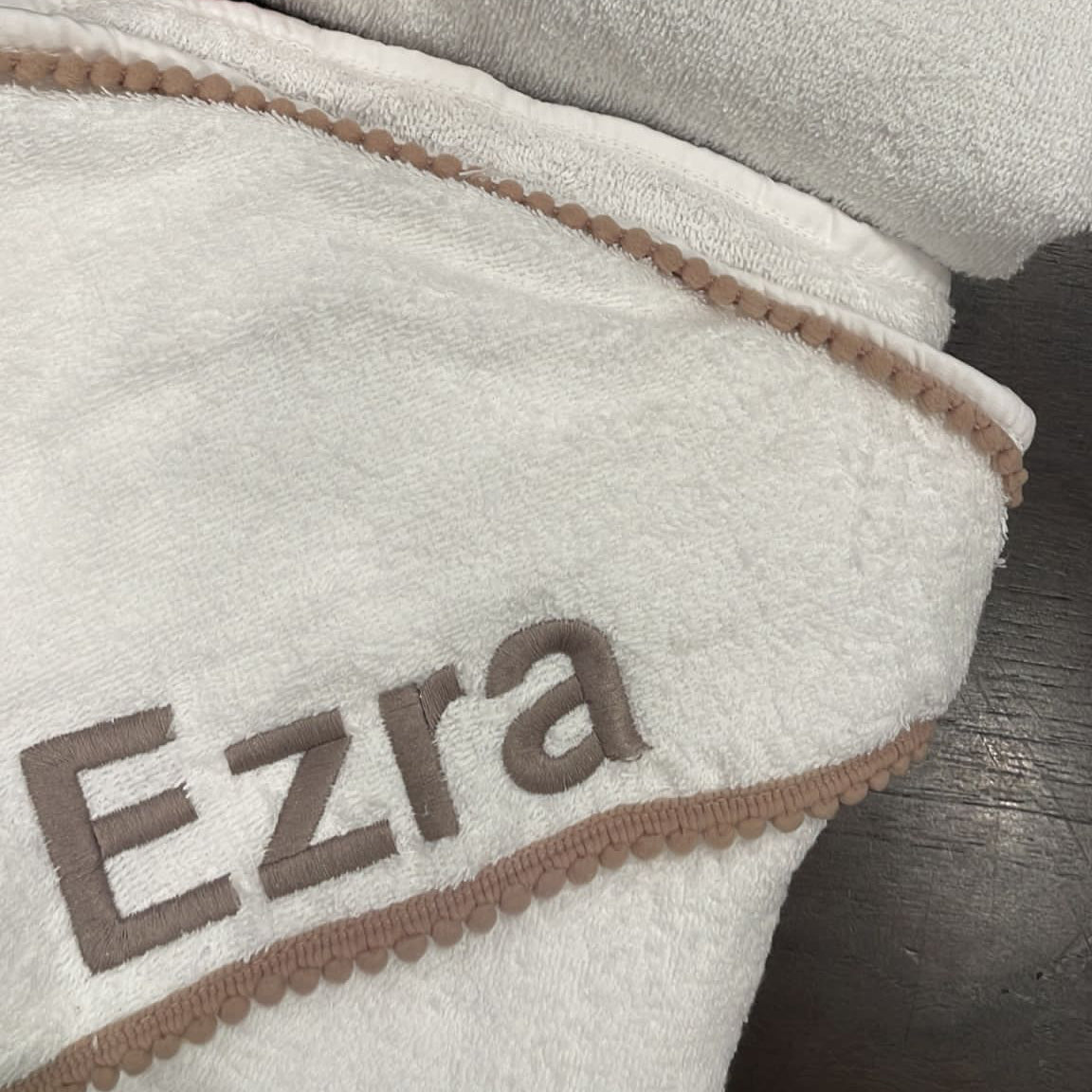 Taupe Pompom Trim Towel (with embroidery)