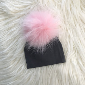 Dark Gray Hat Baby Pink Pompom - The Gifted Baby NY