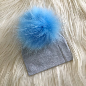 Heather Gray Hat Light Blue Pompom - The Gifted Baby NY