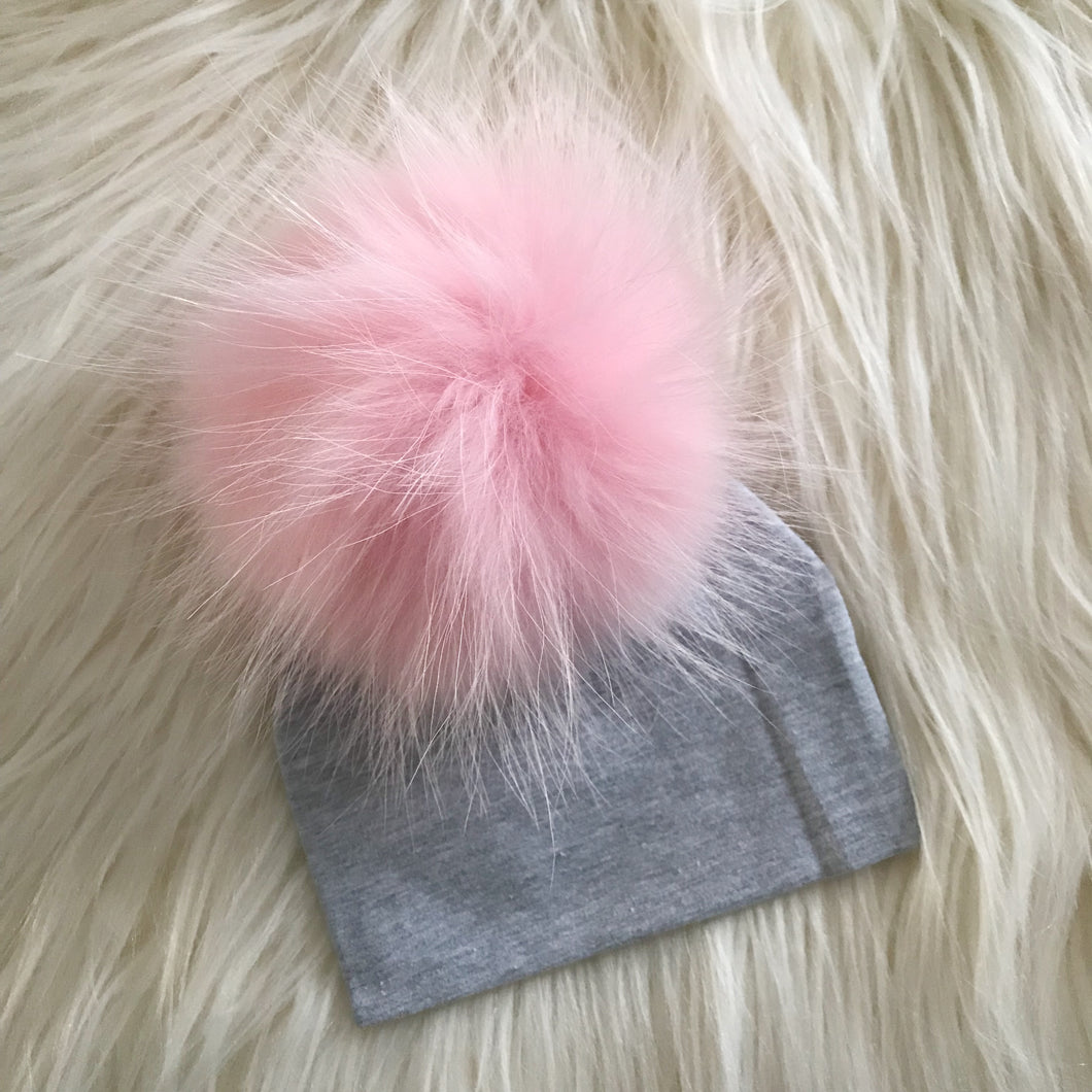 Heather Gray Hat Baby Pink Pompom - The Gifted Baby NY