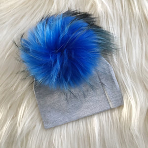 Heather Gray Hat Bright Blue Pompom - The Gifted Baby NY