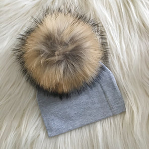 Heather Gray Hat Natural Pompom - The Gifted Baby NY