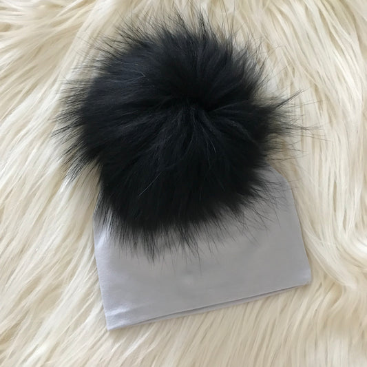 Light Gray Hat Black Pompom - The Gifted Baby NY