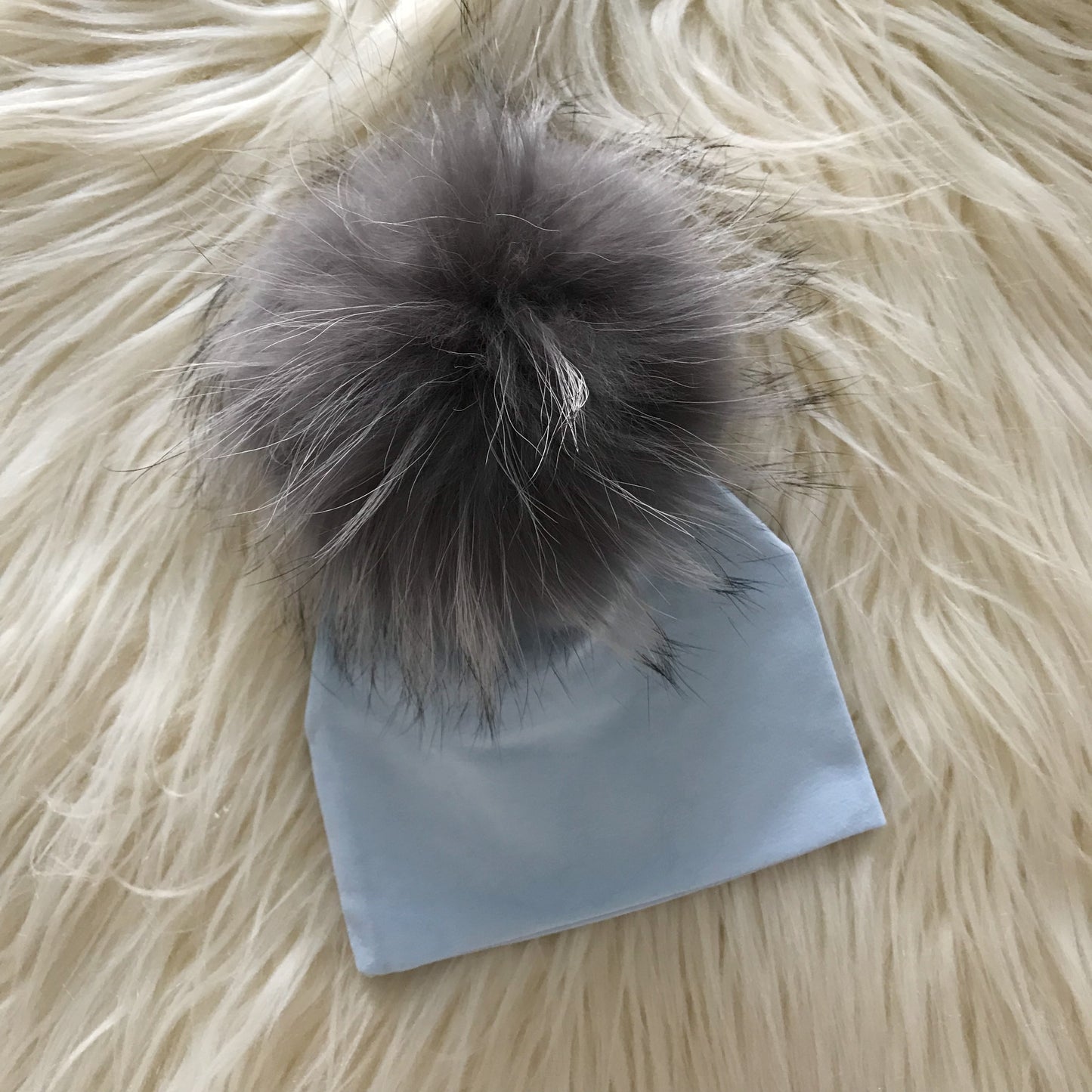 Light Blue Hat Gray Pompom - The Gifted Baby NY