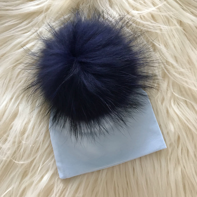 Light Blue Hat Navy Pompom - The Gifted Baby NY