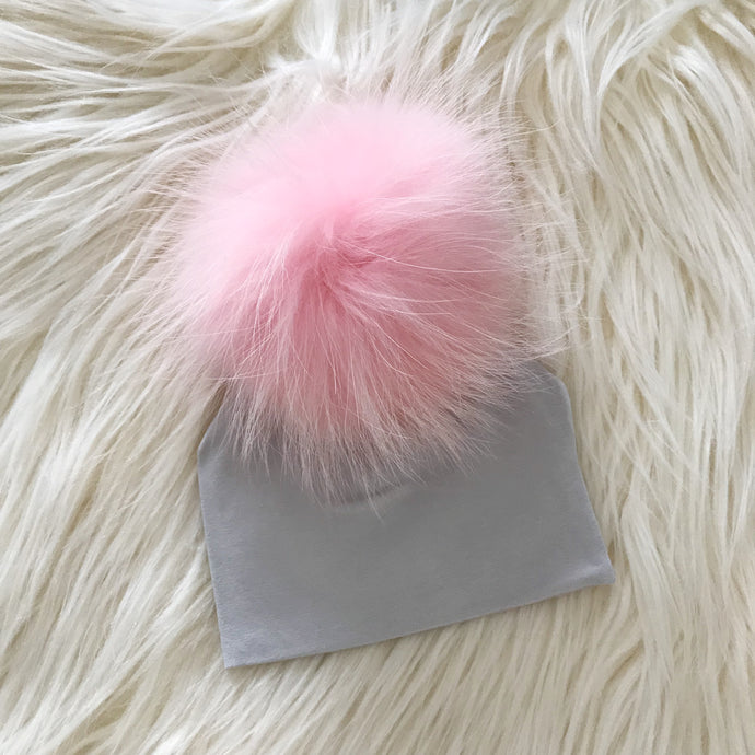 Light Gray Hat Baby Pink Pompom - The Gifted Baby NY