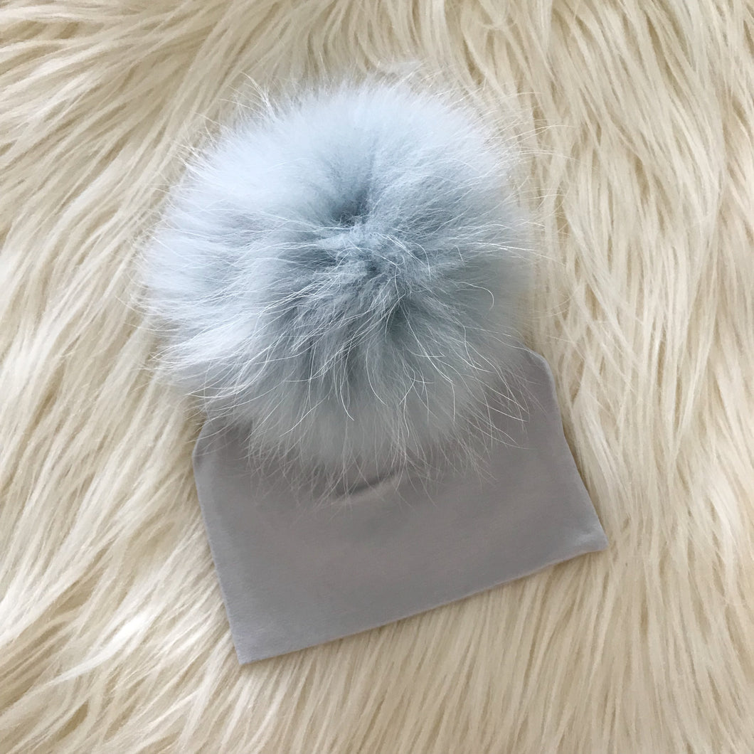 Light Gray Hat Light Blue Pompom - The Gifted Baby NY