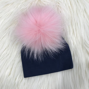 Navy Hat Baby Pink Pompom - The Gifted Baby NY