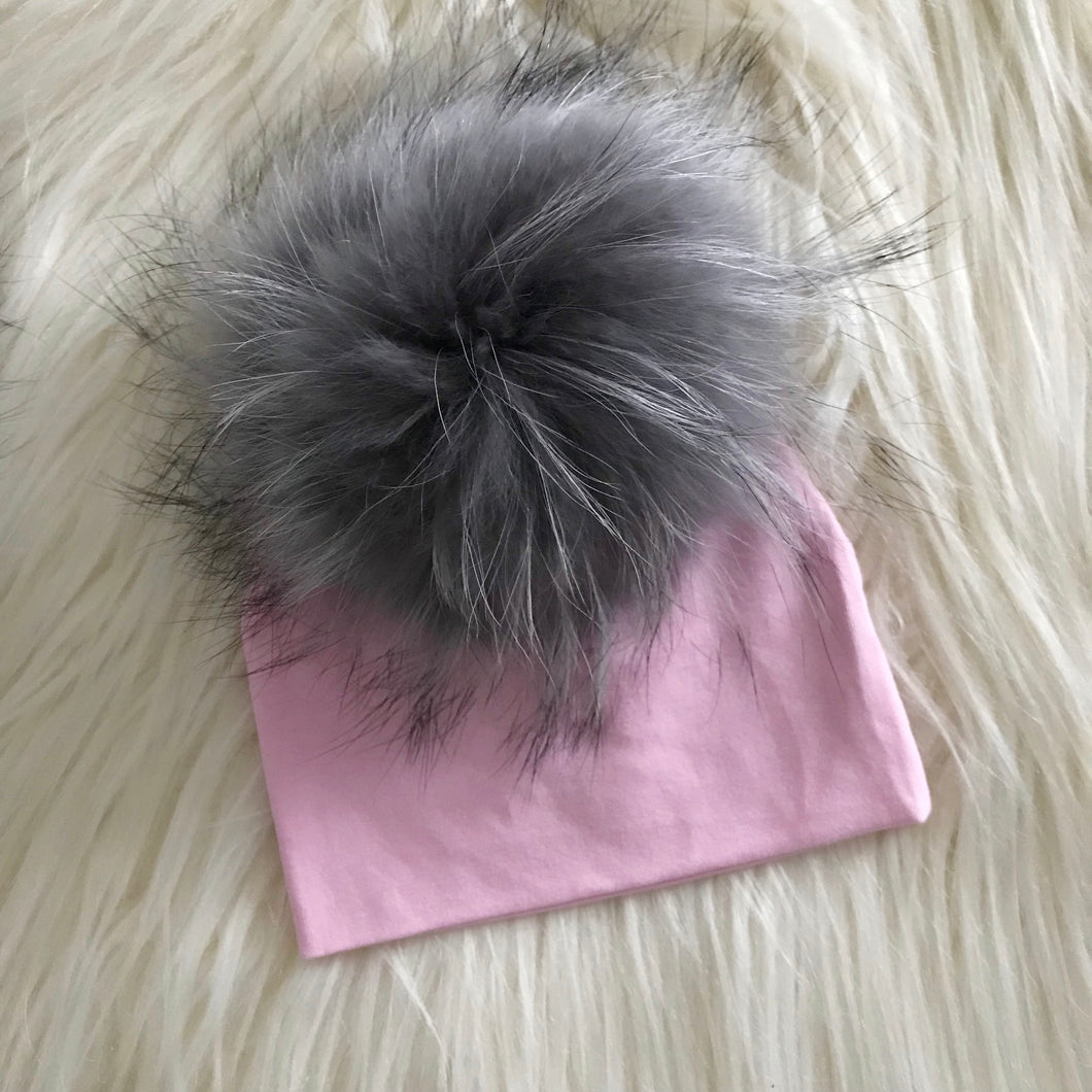 Pink Hat Light Gray Pompom - The Gifted Baby NY