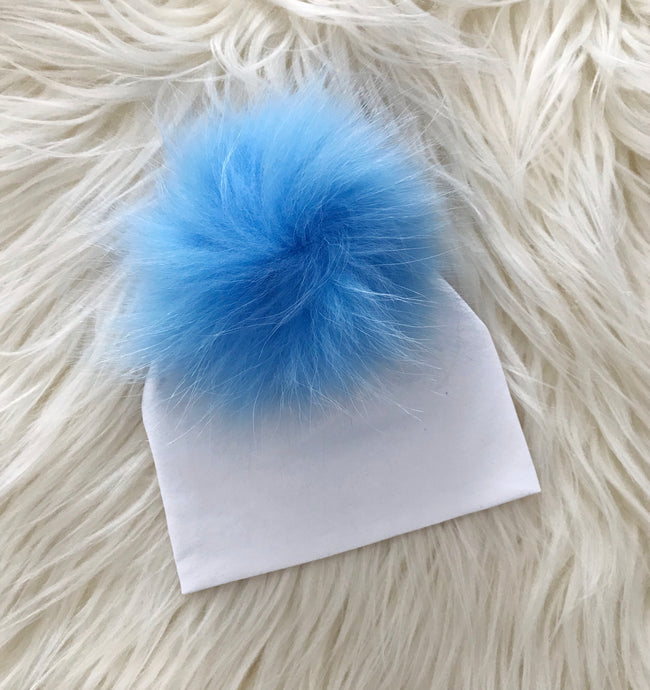 White Hat Light Blue Pompom - The Gifted Baby NY