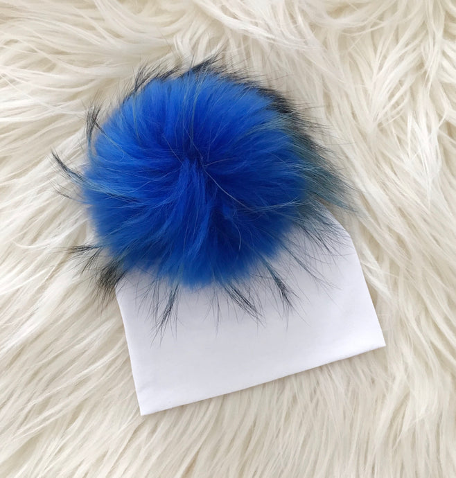 White Hat Bright Blue Pompom - The Gifted Baby NY