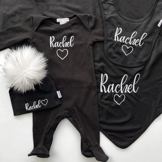 Embroidered Rachel set 3/6 (Onesie, Swaddle, Pompom hat, Bib