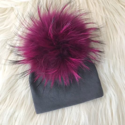 Dark Gray Hat Hot Pink Pompom - The Gifted Baby NY