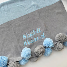 Load image into Gallery viewer, Light Blue and Gray Pompom Blanket