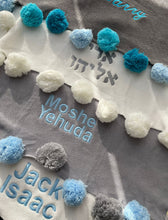 Load image into Gallery viewer, Light Blue and Gray Pompom Blanket