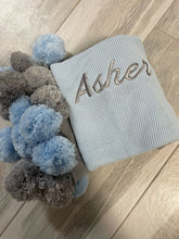 Load image into Gallery viewer, Light Blue and Gray Pompom Blanket