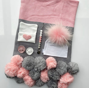Pink and Gray Pompom Blanket