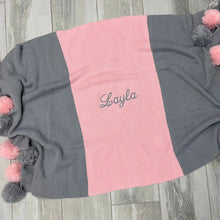 Load image into Gallery viewer, Pink and Gray Pompom Blanket
