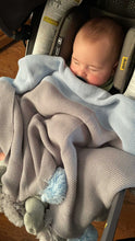 Load image into Gallery viewer, Light Blue and Gray Pompom Blanket