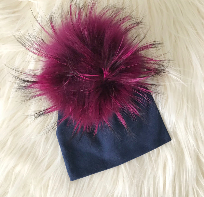 Navy Hat Hot Pink Pompom - The Gifted Baby NY