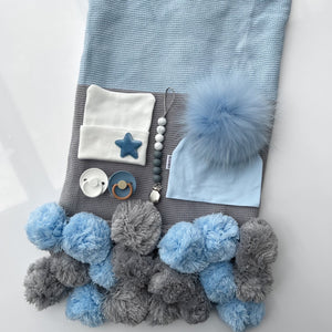 Light Blue and Gray Pompom Blanket