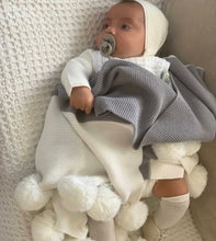 Load image into Gallery viewer, Gray and White Pompom Blanket