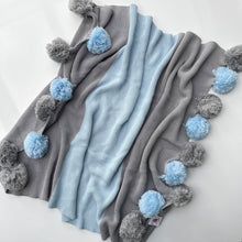 Load image into Gallery viewer, Light Blue and Gray Pompom Blanket